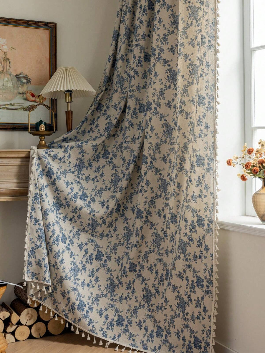1pc Elegant Vintage Floral Printed Curtain, Beige Tassel Semi-Sheer Kitchen Short Curtain, Room Divider, Suitable For Home, Bedroom, Study, Living Room, Balcony, Terrace, Window Decoration, All Season