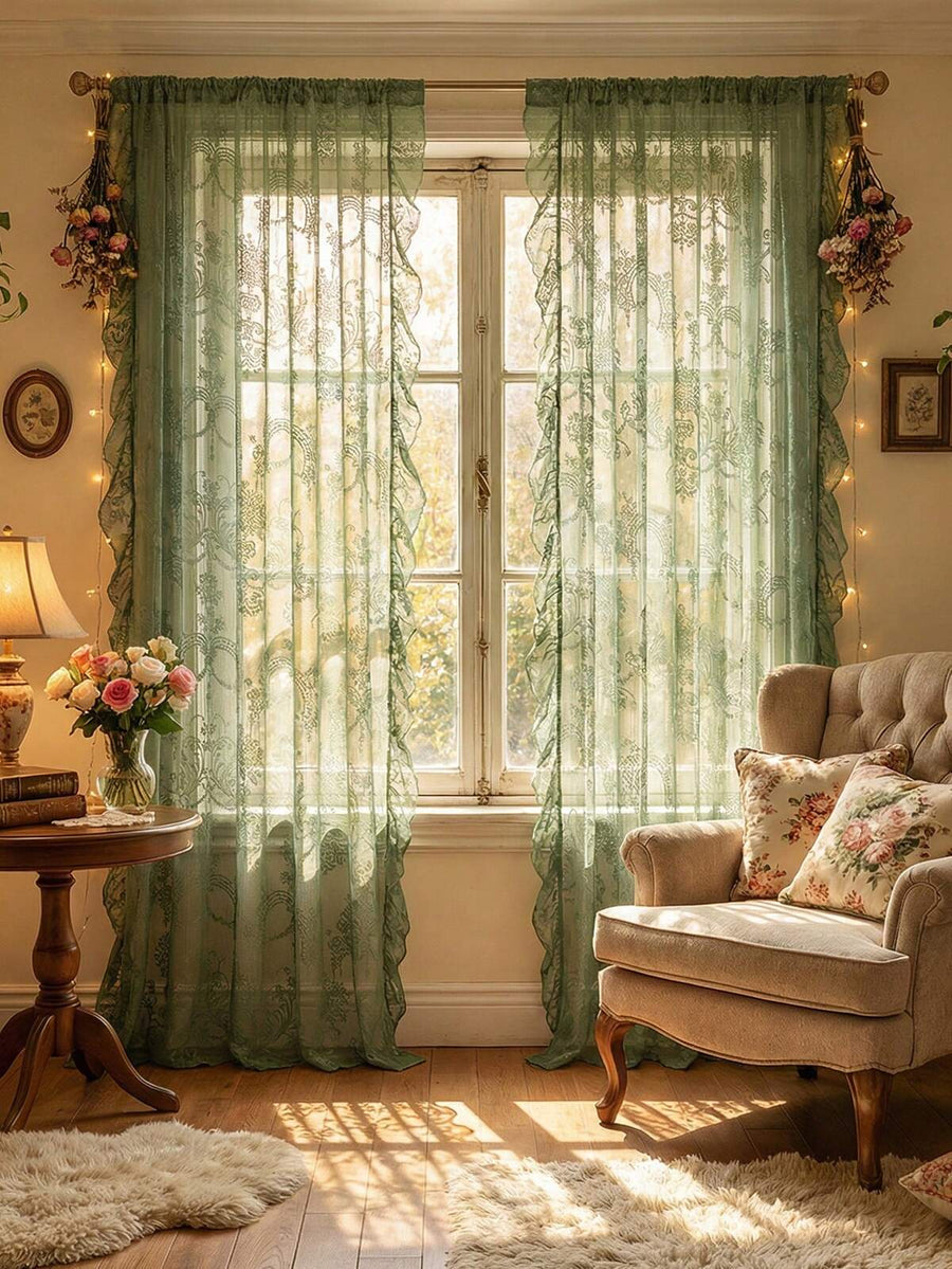 1pc New French Luxury Floral Lace Trim Curtain Sheer, Holiday Decor